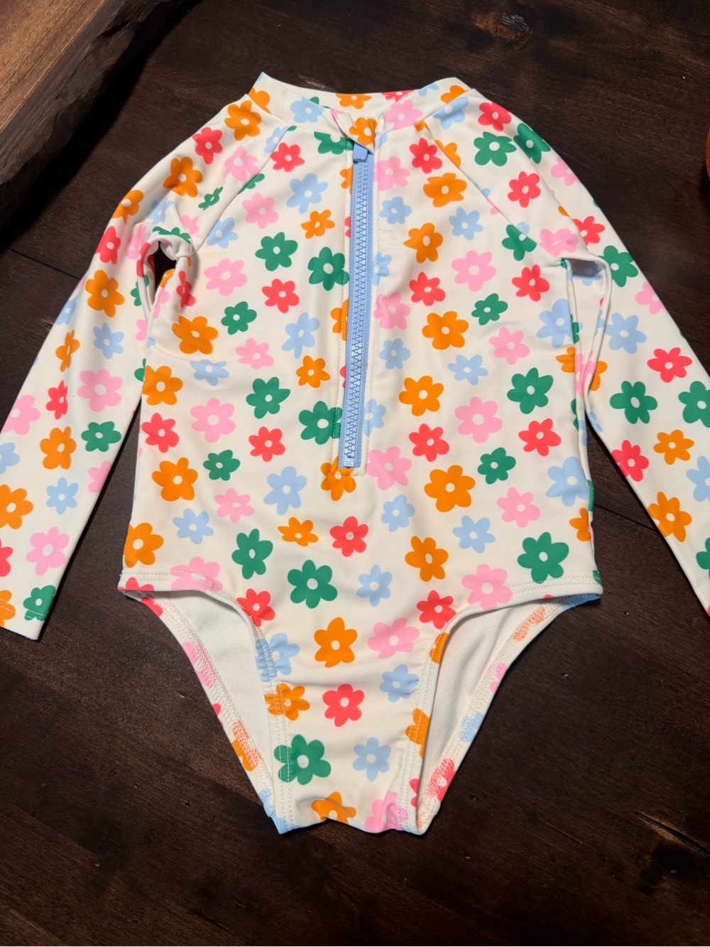 Toddler Long-Sleeve Floral Rash Guard Swimsuit - White with Multi-Color Flowers